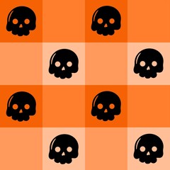 Seamless Halloween pattern with black cartoon skulls on an orange checkerboard background. Ideal for festive wallpapers, packaging, and fabric designs.