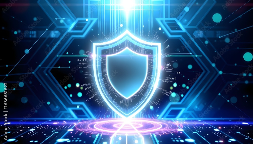 Poster glowing shield icon surrounded by digital circuits and light effects, representing cybersecurity and