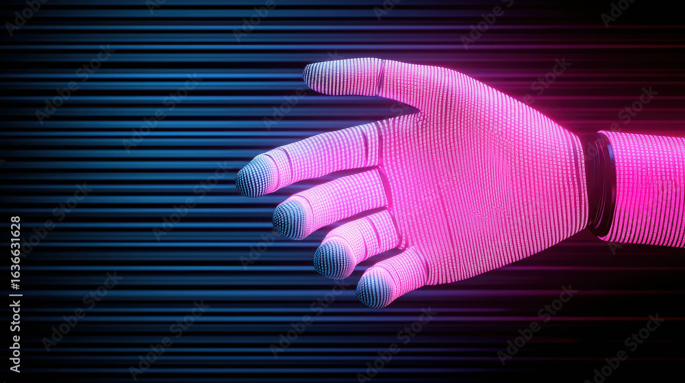 Poster futuristic glowing hand design with neon colors against a dark background for technology and science