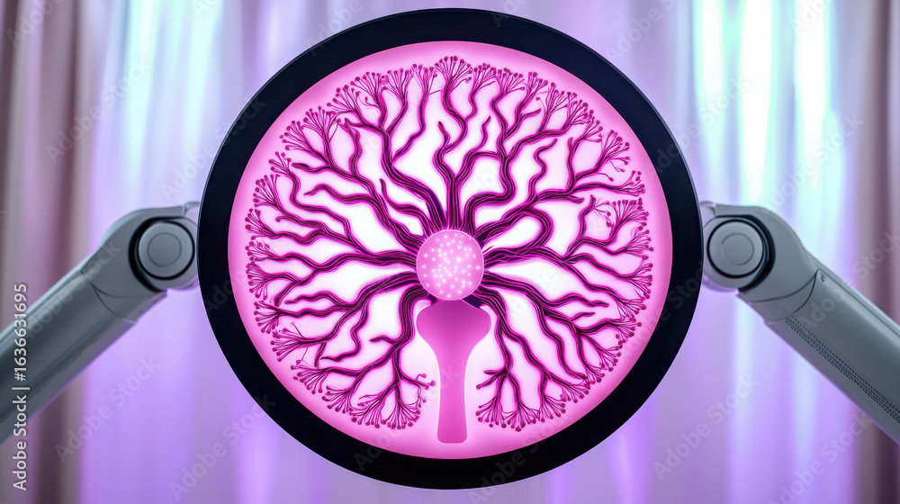 Poster intricate digital tree structure with pink and purple design representing technology and nature inte