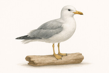 Fototapeta premium Minimalist watercolor illustration of a seagull standing gracefully on a piece of driftwood, featuring soft grey wings, white plumage, yellow legs, and a yellow beak, set against a clean light backgro