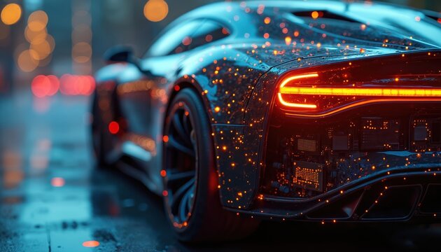 Rear view of futuristic car with illuminated circuits, LED taillights, advanced automotive technology, intricate engineering. High-tech vehicle embodies innovation, sophisticated design.