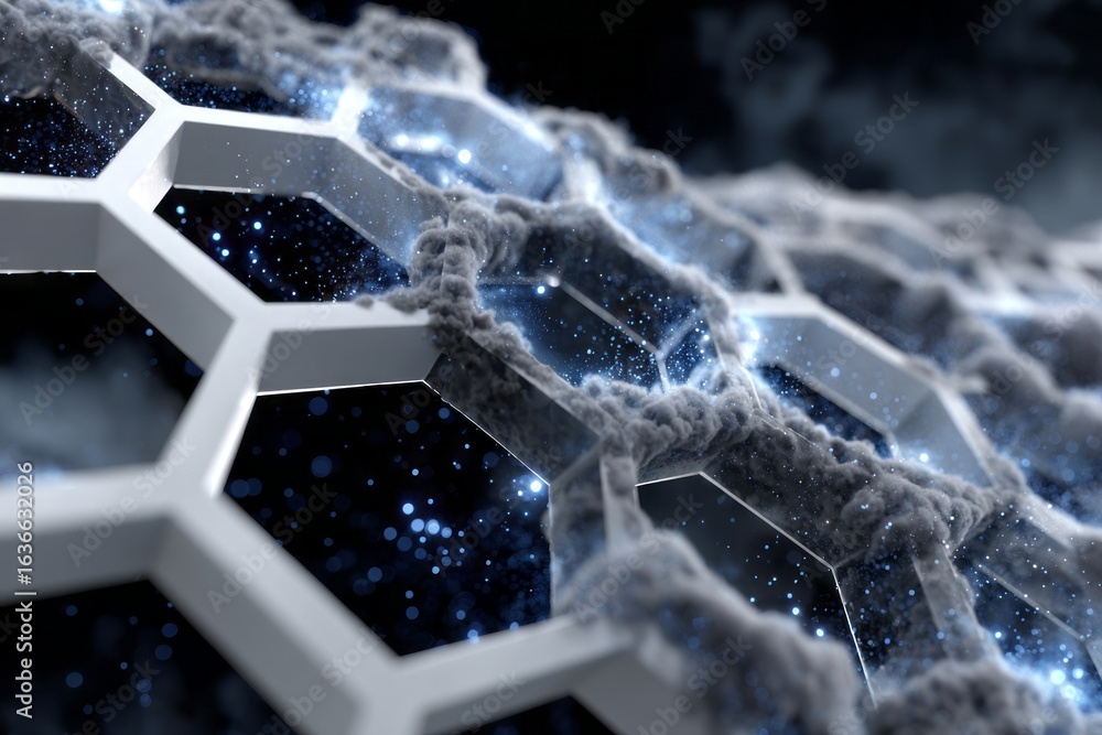 Poster a blue and white image of a hexagon with a light shining on it