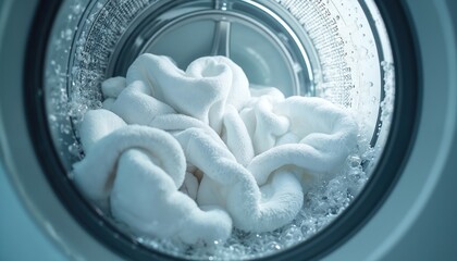 Inside view of washing machine drum with white towels tumbling in water, soap bubbles. Clean, fresh cotton fabric laundered during spin cycle. Domestic appliance ensures hygiene, purity, promoting