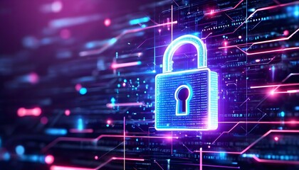 A glowing padlock symbol is superimposed over a network of digital circuits, representing security.