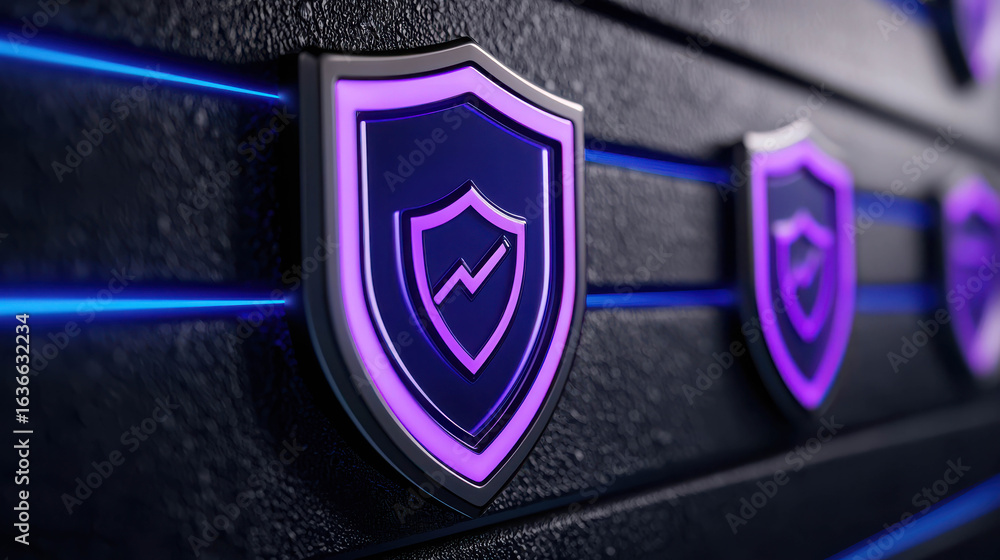 Poster Modern Digital Shield Icons in Purple Glow on Dark Wall Representing Cybersecurity and Data Protection Concepts in Futuristic Environment