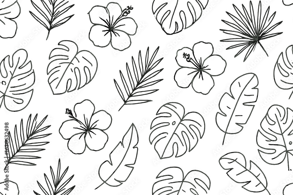 Poster bright floral and tropical leaf patterns on a white background create a vibrant design ideal for sum