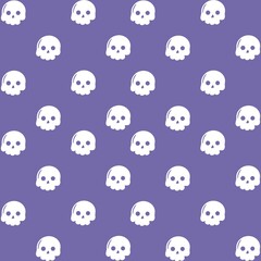 Seamless Halloween pattern with cute white cartoon skulls on a purple background. Great for wrapping paper, textiles, wallpapers, and festive decorations.