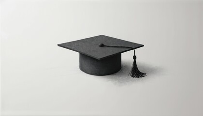 Minimalist black graduation cap with tassel sits on a plain white background. The simple illustration emphasizes the cap form and shadow play, symbolizing academic achievement and education success.