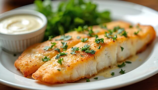 Golden baked haddock fillet topped with fresh parsley, served with creamy tartar sauce, side of greens. This delicious seafood meal offers flaky texture, healthy protein, perfect for lunch or dinner.
