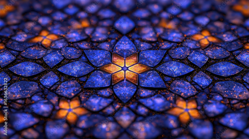 Poster abstract floral pattern with blue and orange color palette in a star shape design for creative art a