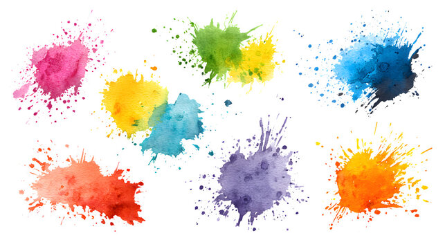 Colorful watercolor paint splash stains set on a white background