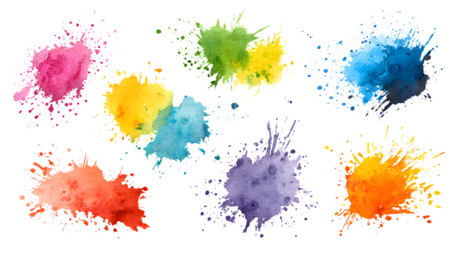 Colorful watercolor paint splash stains set on a white background