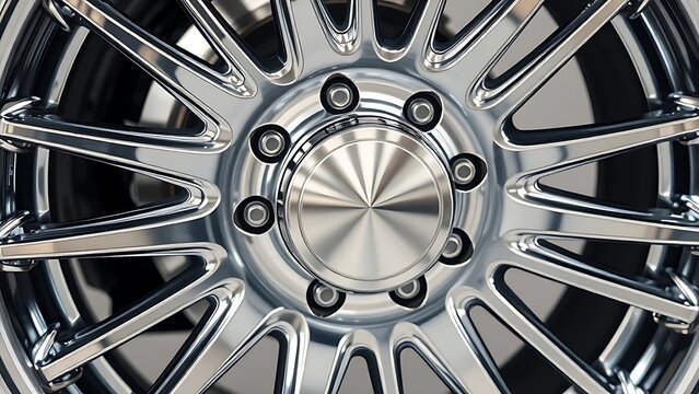 Polished metal wheel with industrial chrome texture, minimalist studio lighting showcase.