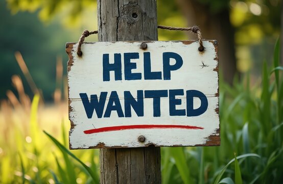Weathered wooden sign announces Help Wanted. White board with dark blue text and red underline hangs on rustic post in lush green foliage. Sign advertises job openings and employment opportunities.