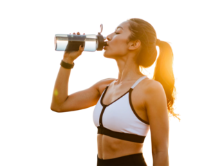 Athletic Woman Hydrating After Jog at Sunset, isolated on a transparent background PNG 