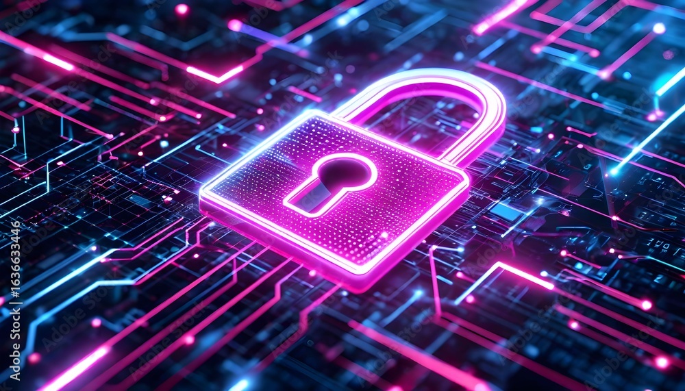 Poster glowing padlock symbol on a vibrant circuit board, representing digital security and data protection