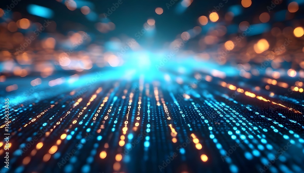 Poster abstract visualization of data flow with glowing blue and orange light trails converging towards a c