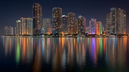 Fototapeta premium City skyline at night, reflected in the water.