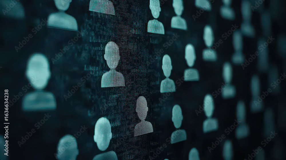 Poster digital representation of user profiles on a dark background, showcasing a network of connection and