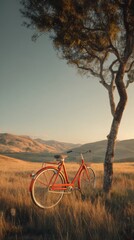 Fototapeta premium Vintage Red Bicycle Leaning on Lone Tree on Hillside at Golden Hour – Cinematic Peaceful Photorealistic Landscape
