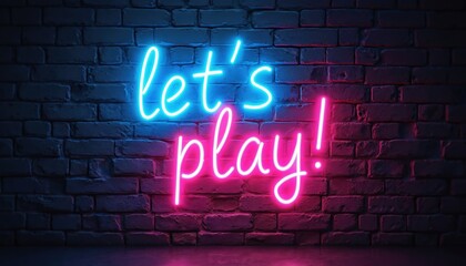 Vibrant neon sign spelling LETS PLAY. glows on brick wall. Features cyberpunk style, bright blue, pink lights. Ideal for gaming, entertainment, nightlife themes. Adds excitement, modern flair.