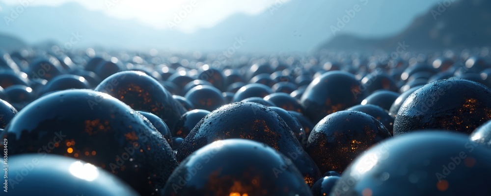 Poster 3D render of futuristic abstract background with army of glowing spheres on alien planet. Panoramic view shows blue planet surface with chaotic digital sphere pattern. Future technology, cyberspace,