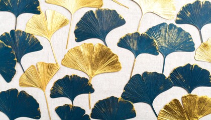 Obraz premium Gold and Teal Ginkgo Leaves on Linen Textured Background