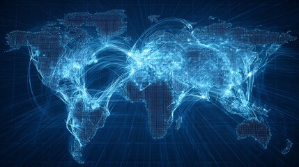 Abstract digital world map glowing connection lines global business concept network data flow high tech blue background cyber grid