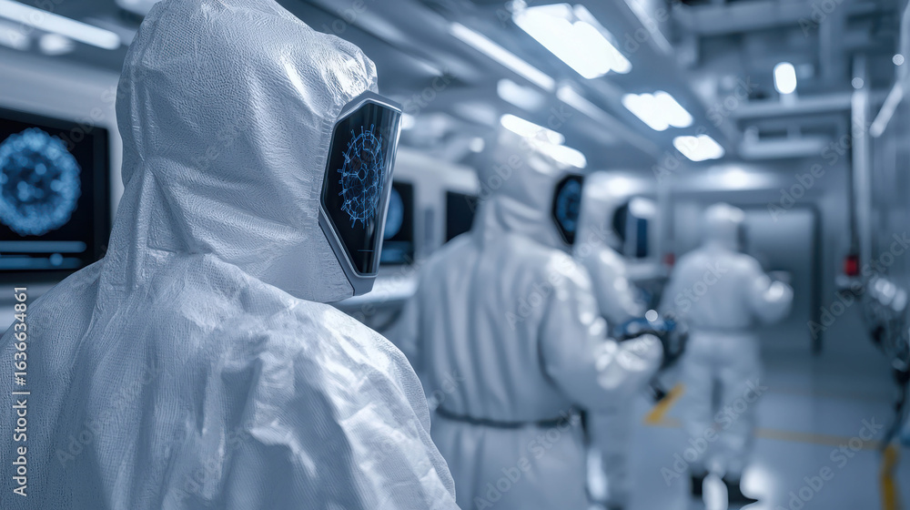 Poster team of scientists in protective suits operating in laboratory environment focused on advanced resea
