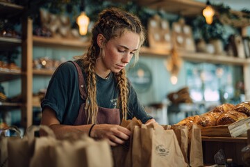 young female bakery worker with red hair in braids packing fresh pastries into paper bags at counter with warm lights and shelves in background, focused expression, concept of artisan bakery