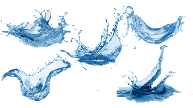 Set of water splashes in various shapes on a white background