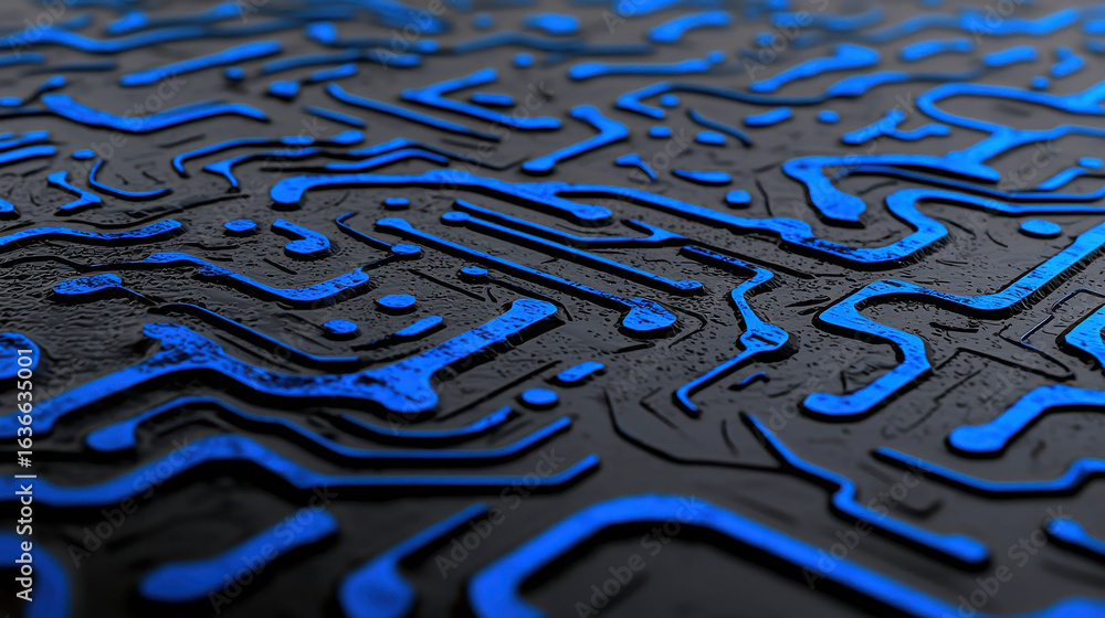 Aufkleber abstract blue circuit patterns on a textured black background showcasing depth and technology in a v