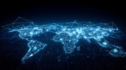 Abstract digital world map glowing connection lines global business concept network data flow high tech blue background cyber grid