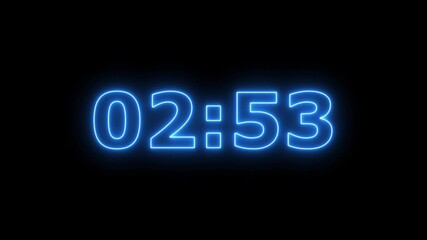 Animation of glowing neon icon ,3 minute countdown timer .3 minute stopwatch , analog icon animation .Dynamic 3 Minute Countdown Animation Engaging Timer Visuals for Events,