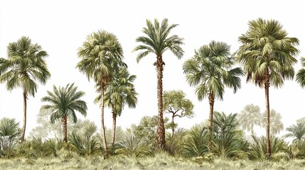 Obraz premium Tropical trees illustrated across a white background