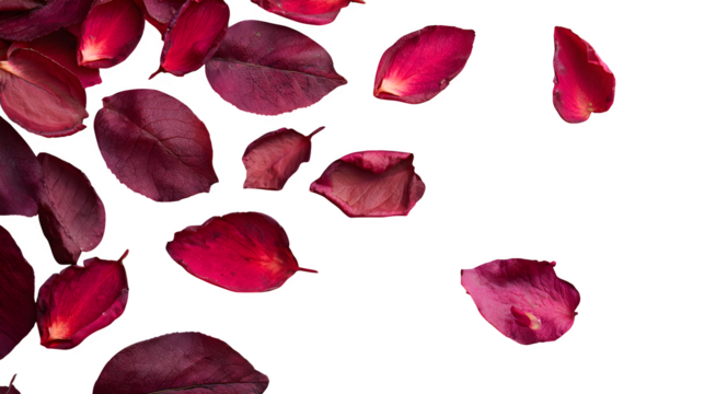 Flat lay of rose leaves on wooden surface for love theme
