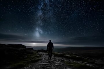 Silhouette of lone person walking under night sky filled with stars and Milky Way