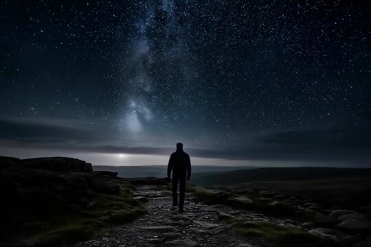 Silhouette of lone person walking under night sky filled with stars and Milky Way