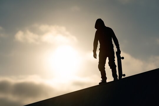 Silhouette of skateboarder holding board on ramp edge against bright sunset sky