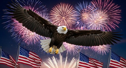 A majestic bald eagle soars in front of fireworks and waving American flags.