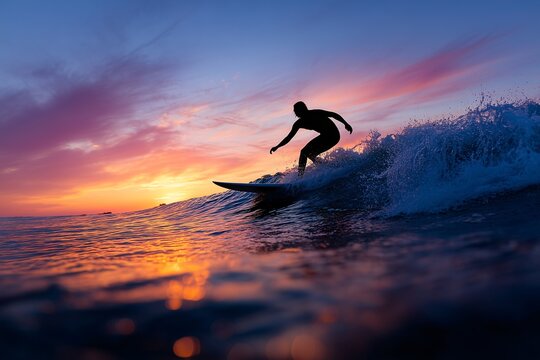 Surfer riding wave at sunset with colorful sky reflecting on water