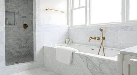 Luxurious bathroom interior showcasing a marble bathtub, shower, and window.