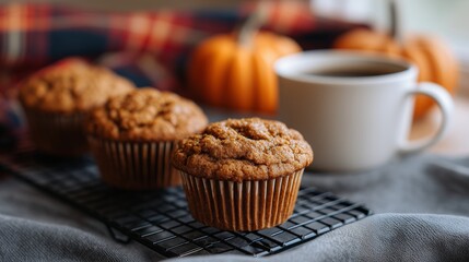 Pumpkin Spice Muffins Cooling on Rack with Coffee and Autumn Table Styling