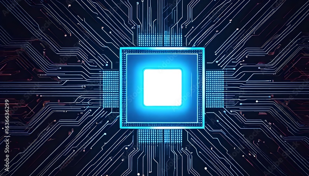 Aufkleber abstract illustration of a glowing central processor chip on a complex circuit board.