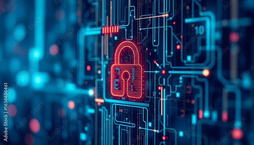 Aufkleber a digital lock graphic displayed on a complex circuit board, symbolizing cybersecurity.