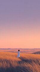 Fototapeta premium Minimalist Prairie Landscape at Dawn with Solitary Woman in White Dress – Photorealistic 8K Cinematic Nature Scene