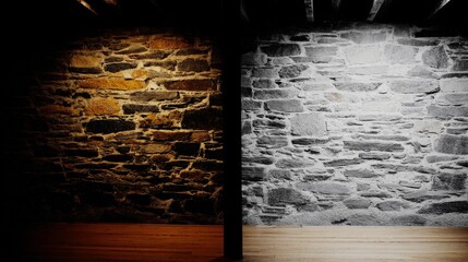 A room with contrasting wall lighting, warm yellow on the left and cool white on the right,