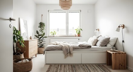 A cozy, minimalist bedroom with natural light and wooden accents.
