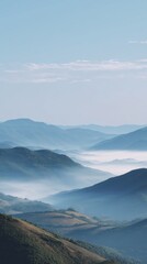 Fototapeta premium Minimalist Mountain Landscape with Misty Rolling Hills and Pale Blue Sky – Ultra Realistic 8K Nature Background
